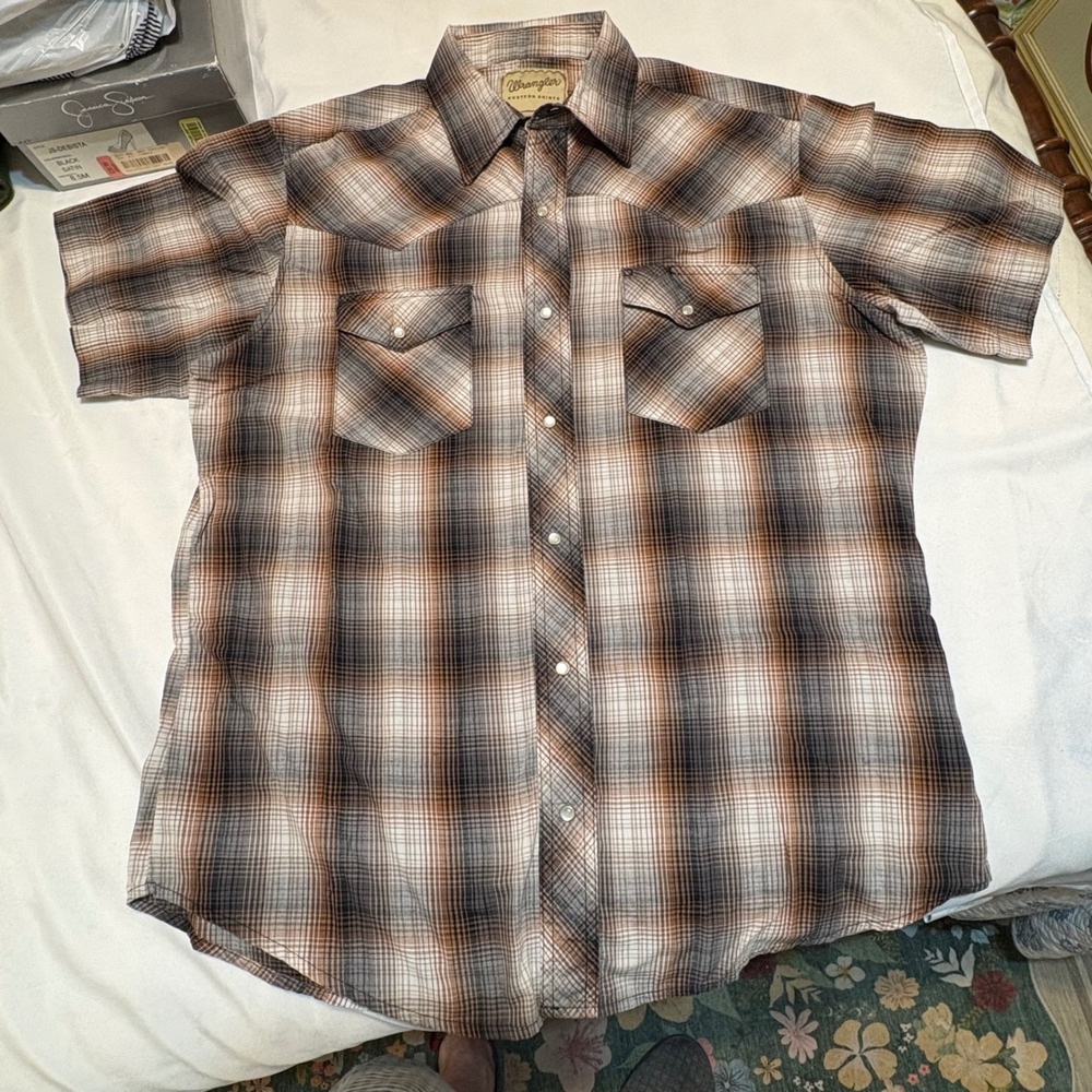 Wrangler Mens Brown Plaid Short Sleeve Western Pearl Snap Shirt Large 112349815